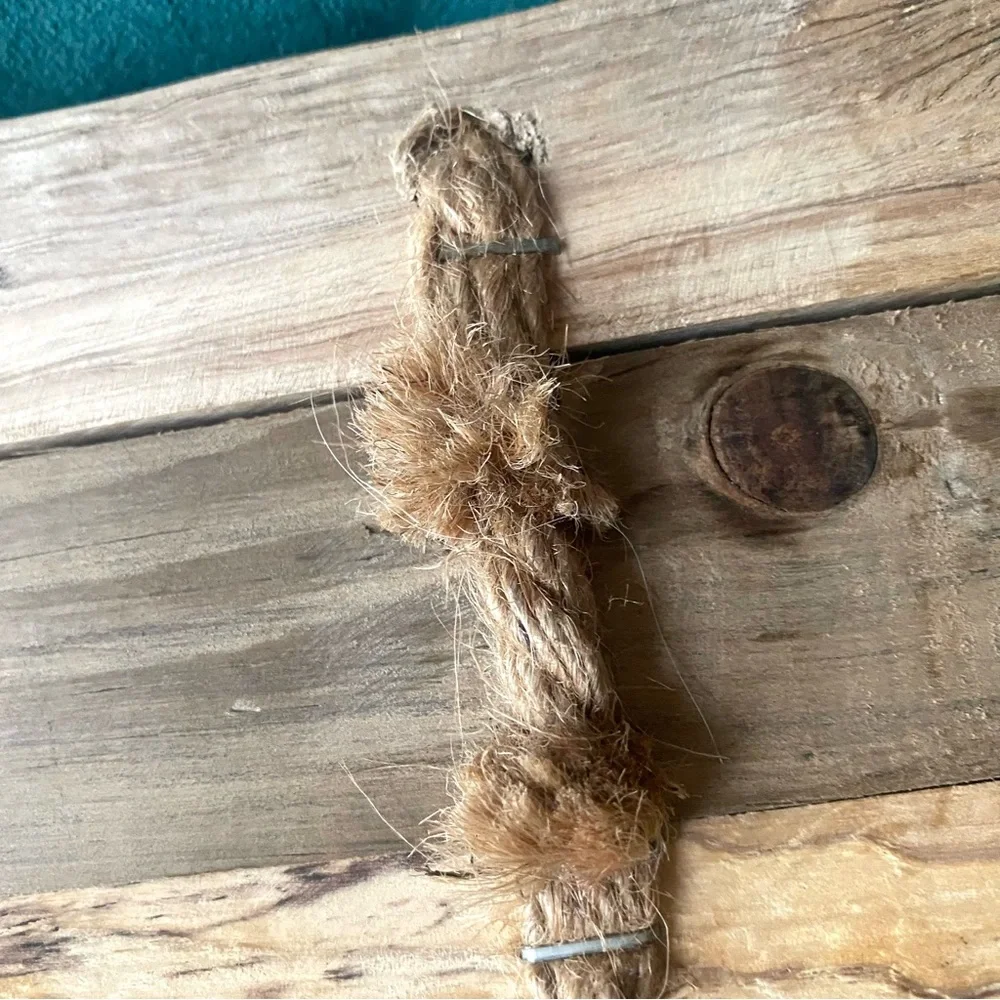 Hand Crafted Natural Live Edge Wood, w/5 Wrought Iron Hooks, & Jute rope.